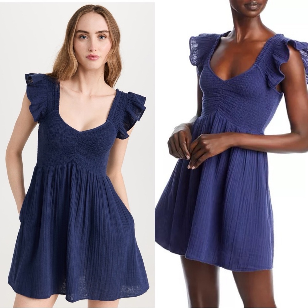 Like New LoveShackFancy Athalia Mini Dress in Midnight Navy Blue Cotton
